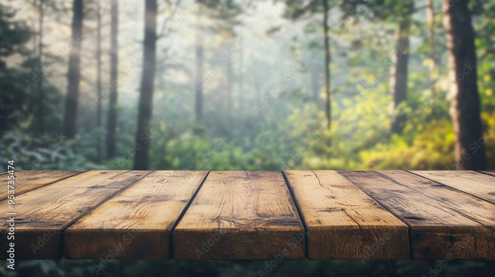 Wooden Tabletop with Forest Background Wooden Tabletop with Forest Background
