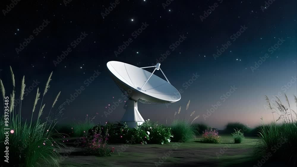 The satellite dish as a communication is under the beautiful night sky decorated with colorful flowers. Seamless 4K looping timelapse video animation background The satellite dish as a communication is under the beautiful night sky decorated with colorful flowers. Seamless 4K looping timelapse video animation background