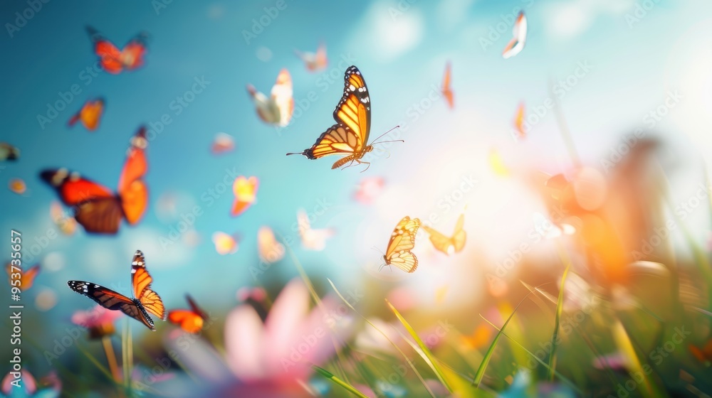 A swarm of colorful butterflies fluttering in a sunny meadow, their wings creating a blur of motion. A swarm of colorful butterflies fluttering in a sunny meadow, their wings creating a blur of motion.