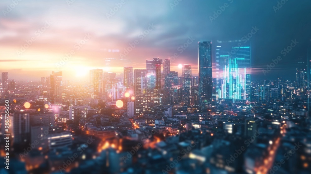 Fototapeta premium Futuristic cityscape with holographic charts displaying economic policy metrics