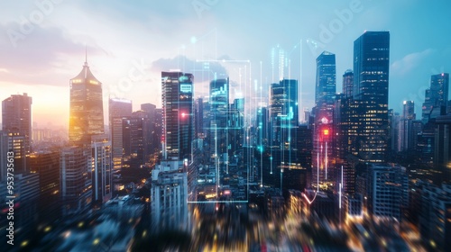 Wallpaper Mural Futuristic cityscape with holographic charts displaying economic policy metrics Torontodigital.ca