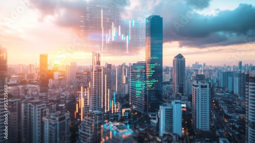 Futuristic cityscape with holographic charts displaying economic policy metrics
