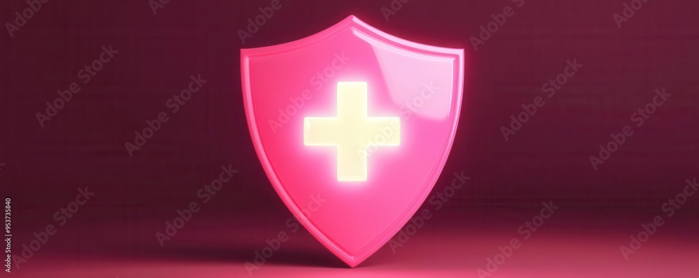 Obraz premium Pink shield with a glowing cross, symbolizing medical protection, pink protect, healthcare safety
