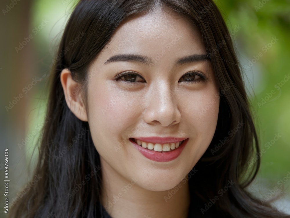 Happy woman portrait. Close-up portrait of a young woman with long dark hair smiling, showcasing her natural beauty and cheerful disposition. Happy woman portrait. Close-up portrait of a young woman with long dark hair smiling, showcasing her natural beauty and cheerful disposition.