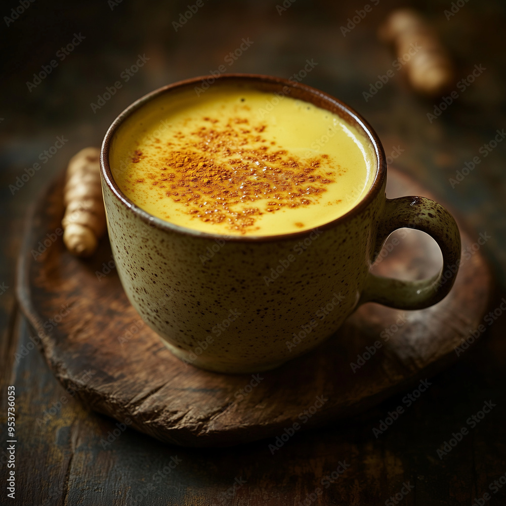 Obraz premium Turmeric Latte with Cinnamon in Ceramic Mug on Rustic Wooden Board