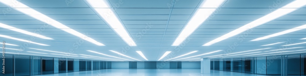 Obraz premium Sleek Fluorescent Lighting on White Ceiling: Modern Architectural Interior Design Element. Minimalist Illumination Concept for Commercial Spaces, Offices, and Retail Environments. Clean 4K Background 
