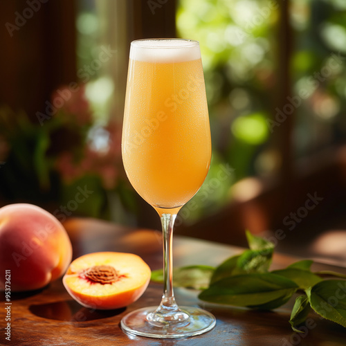 Peach Bellini Cocktail in Sunlit Room with Fresh Peaches on Wooden Table