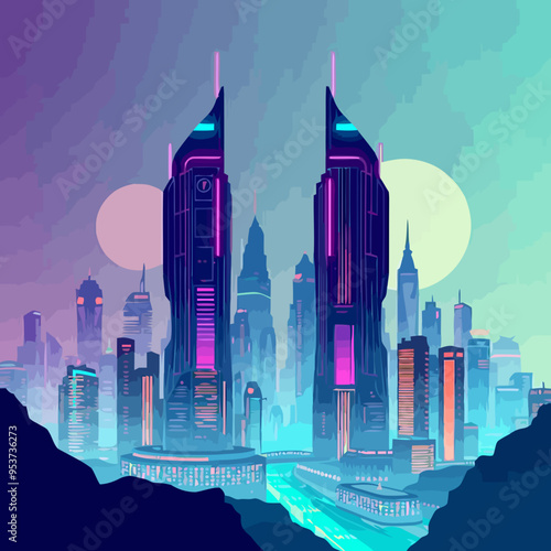 Vector-based illustration of a futuristic cityscape with towering skyscrapers and neon lights