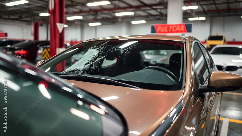 Car with a cracked windshield at an auto service station garage. Generative AI Car with a cracked windshield at an auto service station garage. Generative AI