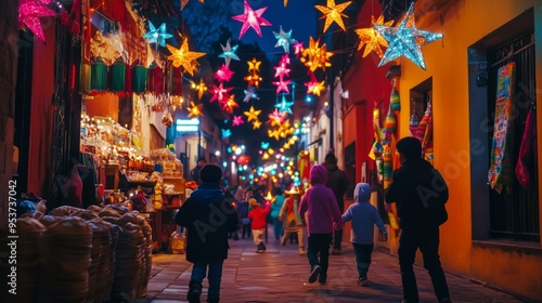 A vibrant street scene in Mexico during Las Posadas
