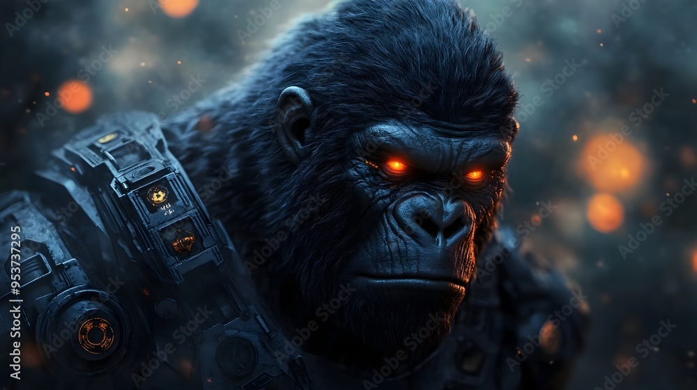 Formidable Cybernetic Gorilla Wreaks Havoc in Dystopian Retrofuturistic Cityscape Formidable Cybernetic Gorilla Wreaks Havoc in Dystopian Retrofuturistic Cityscape