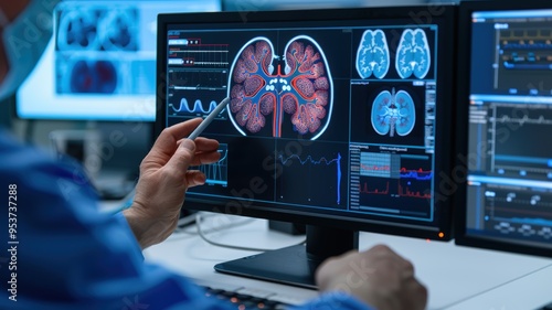 A healthcare professional analyzes brain scans on multiple monitors, utilizing advanced medical technology for diagnostics.