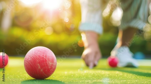 Seniors playing bocce ball in a park, wearing comfortable clothes and enjoying the game.