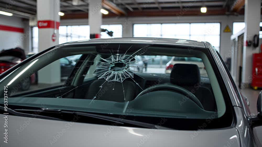 Car with a cracked windshield at an auto service station garage. Generative AI Car with a cracked windshield at an auto service station garage. Generative AI
