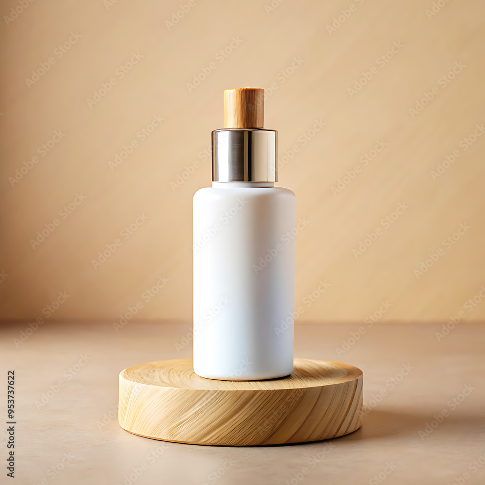 Minimalistic mens skincare product Mockup featuring a white bottle with a wooden lid Minimalistic mens skincare product Mockup featuring a white bottle with a wooden lid