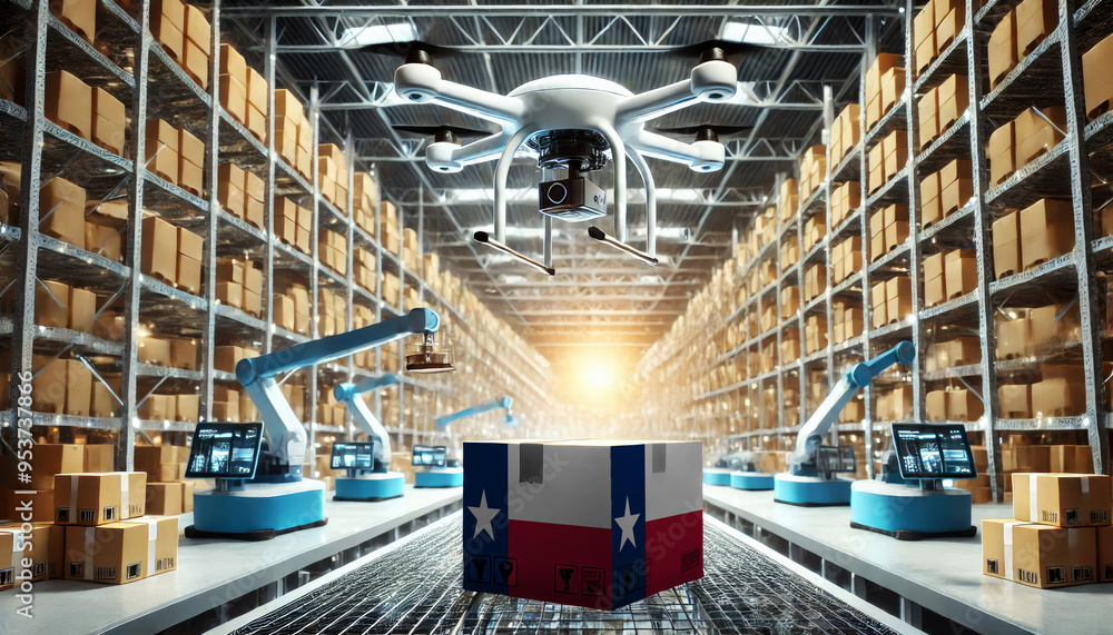 An advanced warehouse filled with drones and robots managing inventory, centered on an Texas flag-marked package, symbolizing innovation in automated warehousing An advanced warehouse filled with drones and robots managing inventory, centered on an Texas flag-marked package, symbolizing innovation in automated warehousing