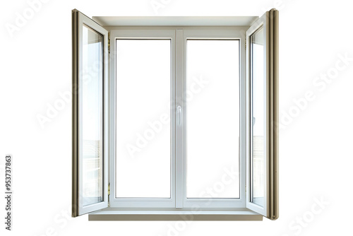 Real vintage house window frame isolated on transparent background. Open window frame. Frame window 3d.	 photo