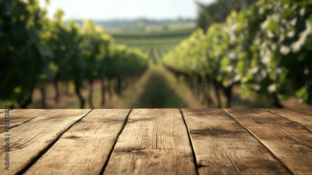 Wooden Tabletop with Blurred Vineyard Background Wooden Tabletop with Blurred Vineyard Background