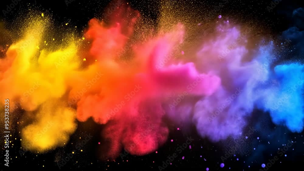 Colorful explosion of smoke in vibrant hues filling the dark background during an artistic performance Colorful explosion of smoke in vibrant hues filling the dark background during an artistic performance