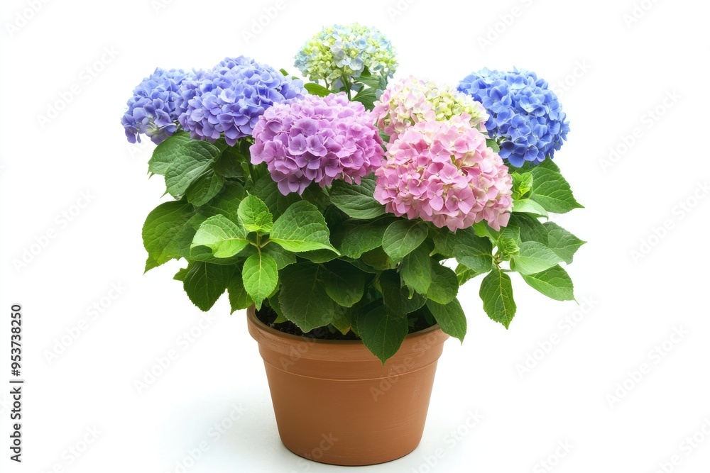 Fototapeta premium Multicolored Hydrangea Blooms in a Clay Pot