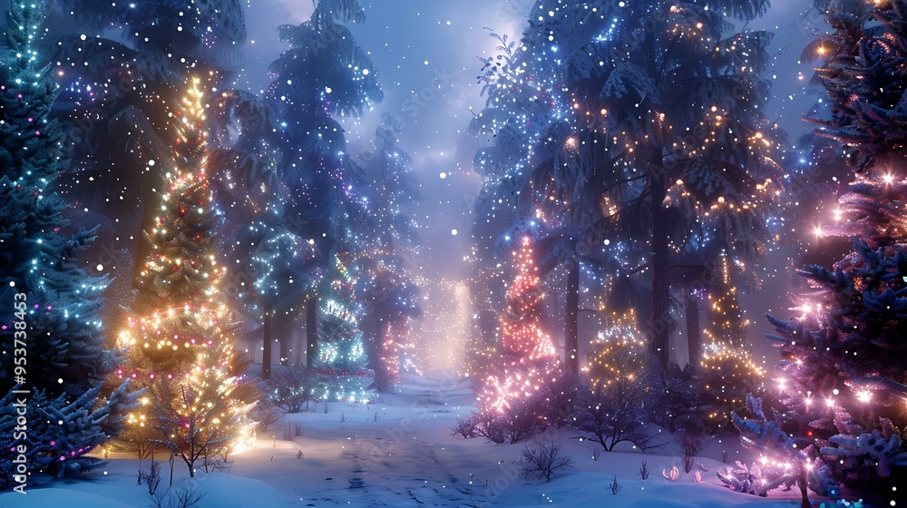 A winter wonderland deep within a magical forest, with Christmas trees glowing in soft, colorful lights, casting a serene, dreamlike atmosphere A winter wonderland deep within a magical forest, with Christmas trees glowing in soft, colorful lights, casting a serene, dreamlike atmosphere