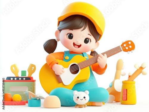 Cute Cartoon Girl Playing Guitar D Render