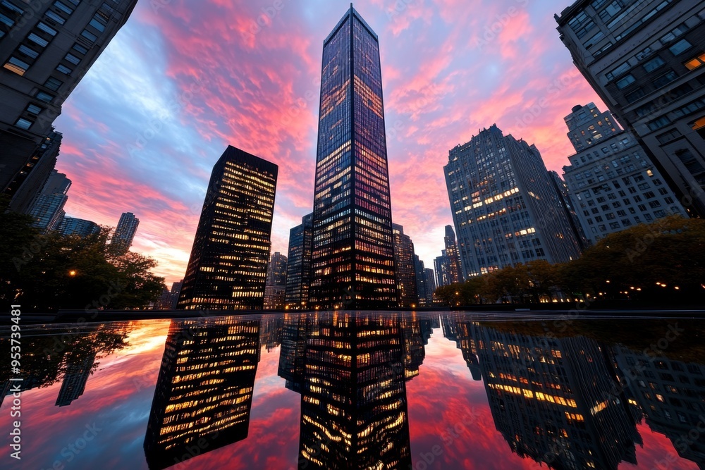 Obraz premium Amazing Sunset Cityscape, Red, and Reflections depicted in an urban setting where the sunset turns the sky red, with skyscrapers reflecting the vibrant colors