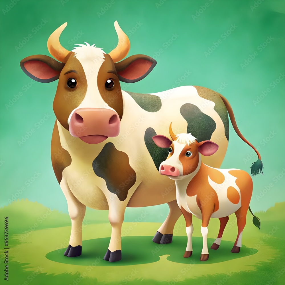 a picture of a cow anda calf on a green backgroun a picture of a cow anda calf on a green backgroun