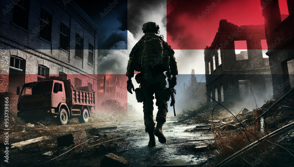 A lone soldier walking through a war-torn urban landscape with the Dominican Republic flag overlay, symbolizing the bravery and resilience of military forces in conflict zones. A lone soldier walking through a war-torn urban landscape with the Dominican Republic flag overlay, symbolizing the bravery and resilience of military forces in conflict zones.