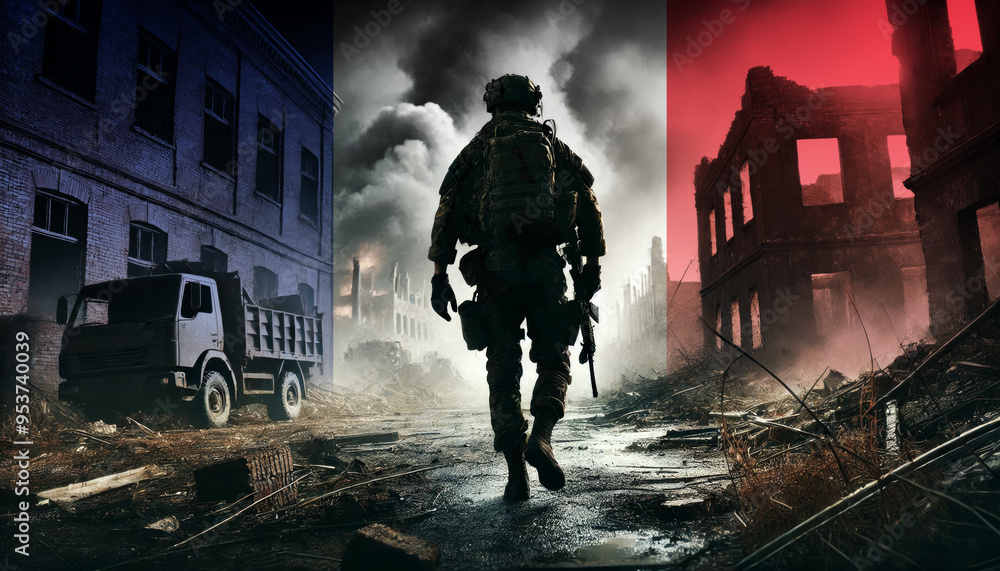 custom made wallpaper toronto digitalA lone soldier walking through a war-torn urban landscape with the France flag overlay, symbolizing the bravery and resilience of military forces in conflict zones.