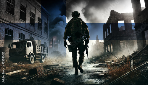 Wallpaper Mural A lone soldier walking through a war-torn urban landscape with the Finland flag overlay, symbolizing the bravery and resilience of  military forces in conflict zones. Torontodigital.ca
