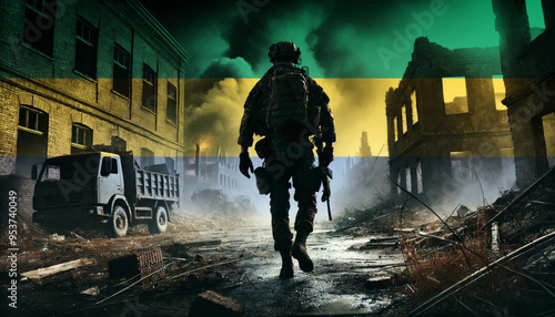 A lone soldier walking through a war-torn urban landscape with the Gabon flag overlay, symbolizing the bravery and resilience of military forces in conflict zones.