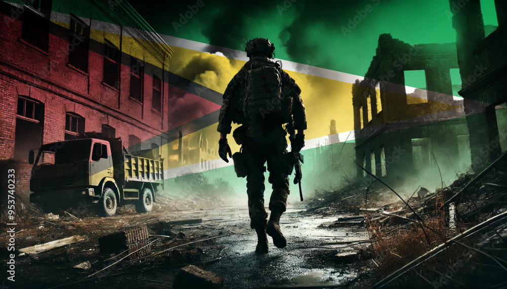 A lone soldier walking through a war-torn urban landscape with the Guyana flag overlay, symbolizing the bravery and resilience of military forces in conflict zones. A lone soldier walking through a war-torn urban landscape with the Guyana flag overlay, symbolizing the bravery and resilience of military forces in conflict zones.