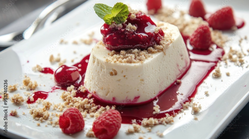 A dessert with a sauce and crumbs on served on a long plate with a raspberry sauce. A dessert with a sauce and crumbs on served on a long plate with a raspberry sauce.