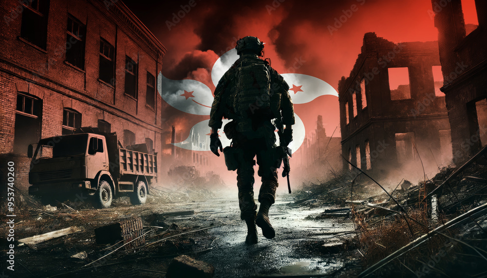 A lone soldier walking through a war-torn urban landscape with the Hong kong flag overlay, symbolizing the bravery and resilience of military forces in conflict zones. A lone soldier walking through a war-torn urban landscape with the Hong kong flag overlay, symbolizing the bravery and resilience of military forces in conflict zones.