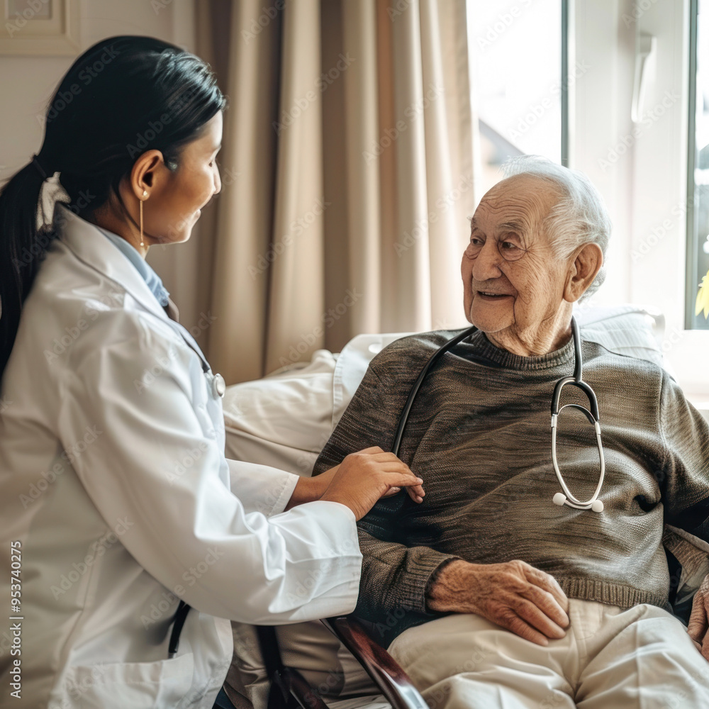 Obraz premium young female doctor examining and older patient