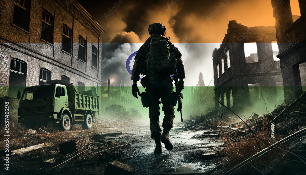 A lone soldier walking through a war-torn urban landscape with the India flag overlay, symbolizing the bravery and resilience of military forces in conflict zones. A lone soldier walking through a war-torn urban landscape with the India flag overlay, symbolizing the bravery and resilience of military forces in conflict zones.