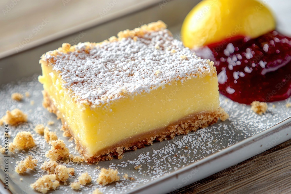 A dessert with a sauce and crumbs on served on a long plate with a raspberry sauce. A dessert with a sauce and crumbs on served on a long plate with a raspberry sauce.