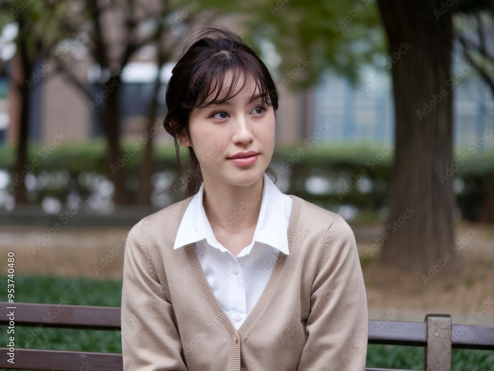 Woman sitting on bench. Young woman in casual wear looking to the side while sitting on a bench in an outdoor setting. Woman sitting on bench. Young woman in casual wear looking to the side while sitting on a bench in an outdoor setting.