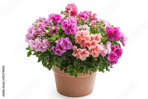 Pink and White Geranium Flowers in a Brown Pot