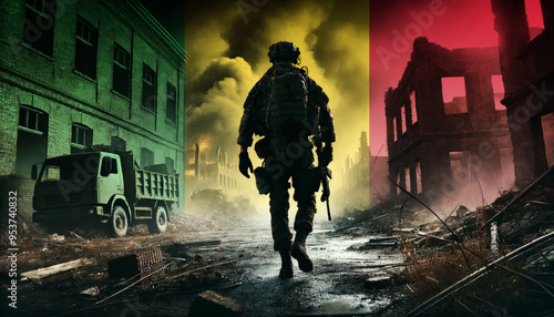 A lone soldier walking through a war-torn urban landscape with the Mali flag overlay, symbolizing the bravery and resilience of military forces in conflict zones.