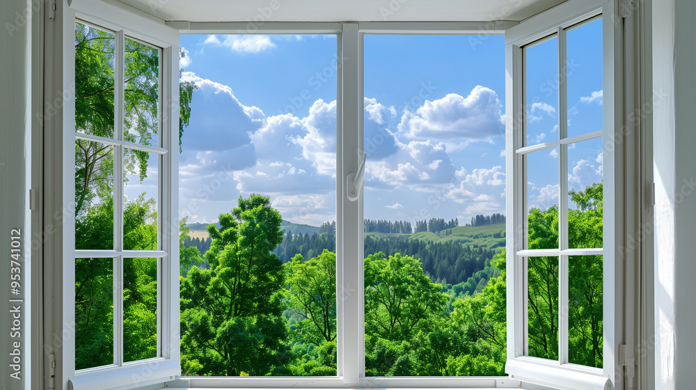 window with a summer forest view, sunny day, fresb air from the park trees window with a summer forest view, sunny day, fresb air from the park trees