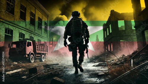 A lone soldier walking through a war-torn urban landscape with the Myanmar flag overlay, symbolizing the bravery and resilience of military forces in conflict zones.