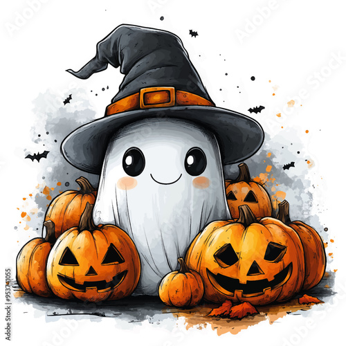 Fantasmino Halloween vettoriale con zucche 