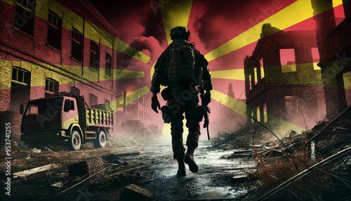 A lone soldier walking through a war-torn urban landscape with the Republic of Macedonia flag overlay, symbolizing the bravery and resilience of military forces in conflict zones.