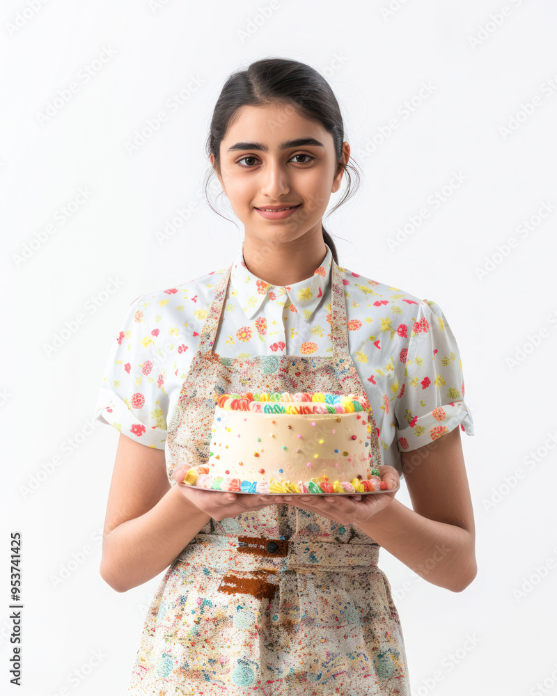 young indian girl holding birthday cake on white background young indian girl holding birthday cake on white background
