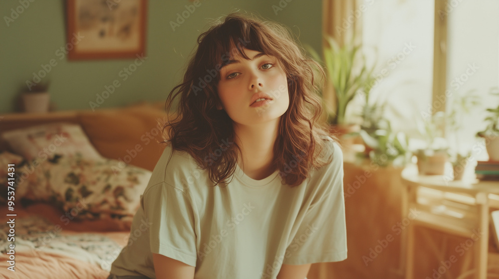 Portrait of a woman in a cozy, sunlit room with vintage aesthetics Portrait of a woman in a cozy, sunlit room with vintage aesthetics