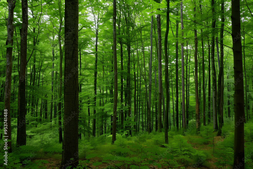 Fototapeta premium Lush green forest with tall trees and dense foliage