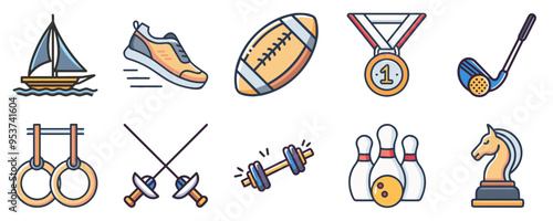 Sports and Fitness Icons Set, Outline Style, Multicolor, Athletic Activities