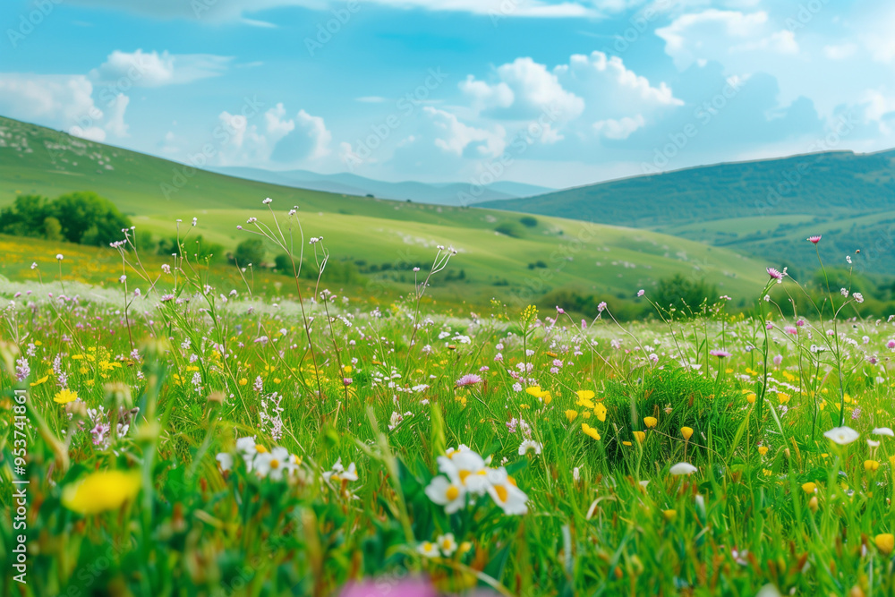 Vibrant meadow with rolling hills and blue sky Vibrant meadow with rolling hills and blue sky